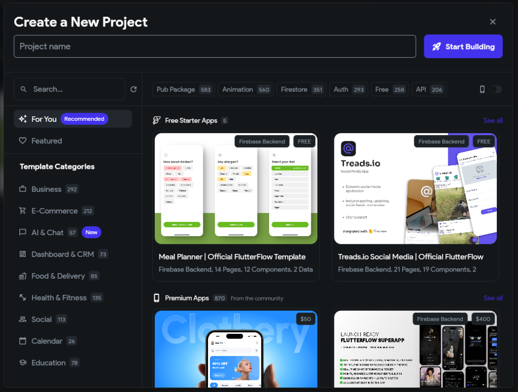 flutter flow new project with template