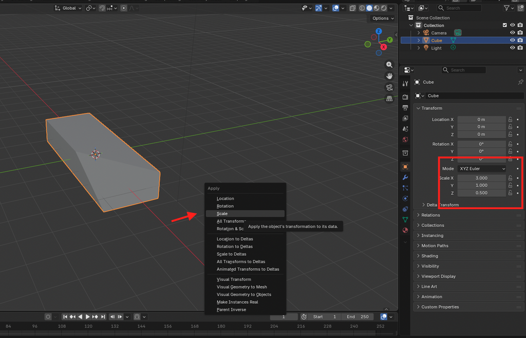 หน้าจอแสดงเมนู Apply Scale คีย์ลัด Ctrl A ใน Blender