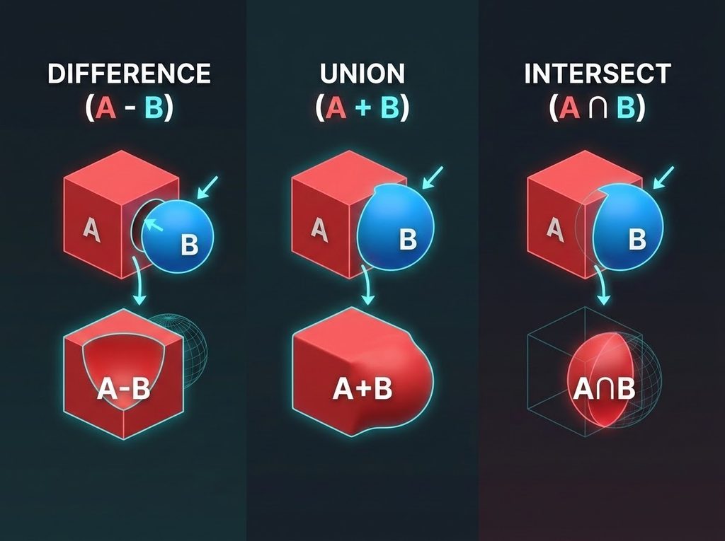 แผนภาพแสดงการทำงานของ Boolean Modifier โหมด Difference Union Intersect ใน Blender