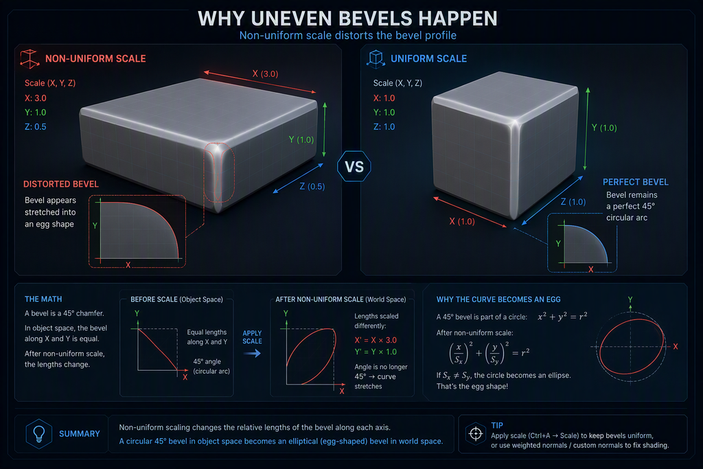 แผนภาพอธิบายสาเหตุ Bevel เบี้ยวจากค่า Scale ของ Object Mode ใน Blender