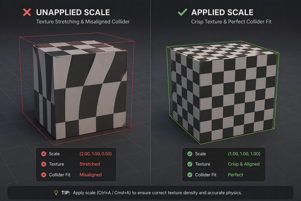  แผนภาพเปรียบเทียบผลกระทบของการ Apply Scale ต่อ UV Mapping และ Game Physics
