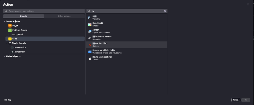 การเพิ่ม action ใน event sheet ของ gdevelop
